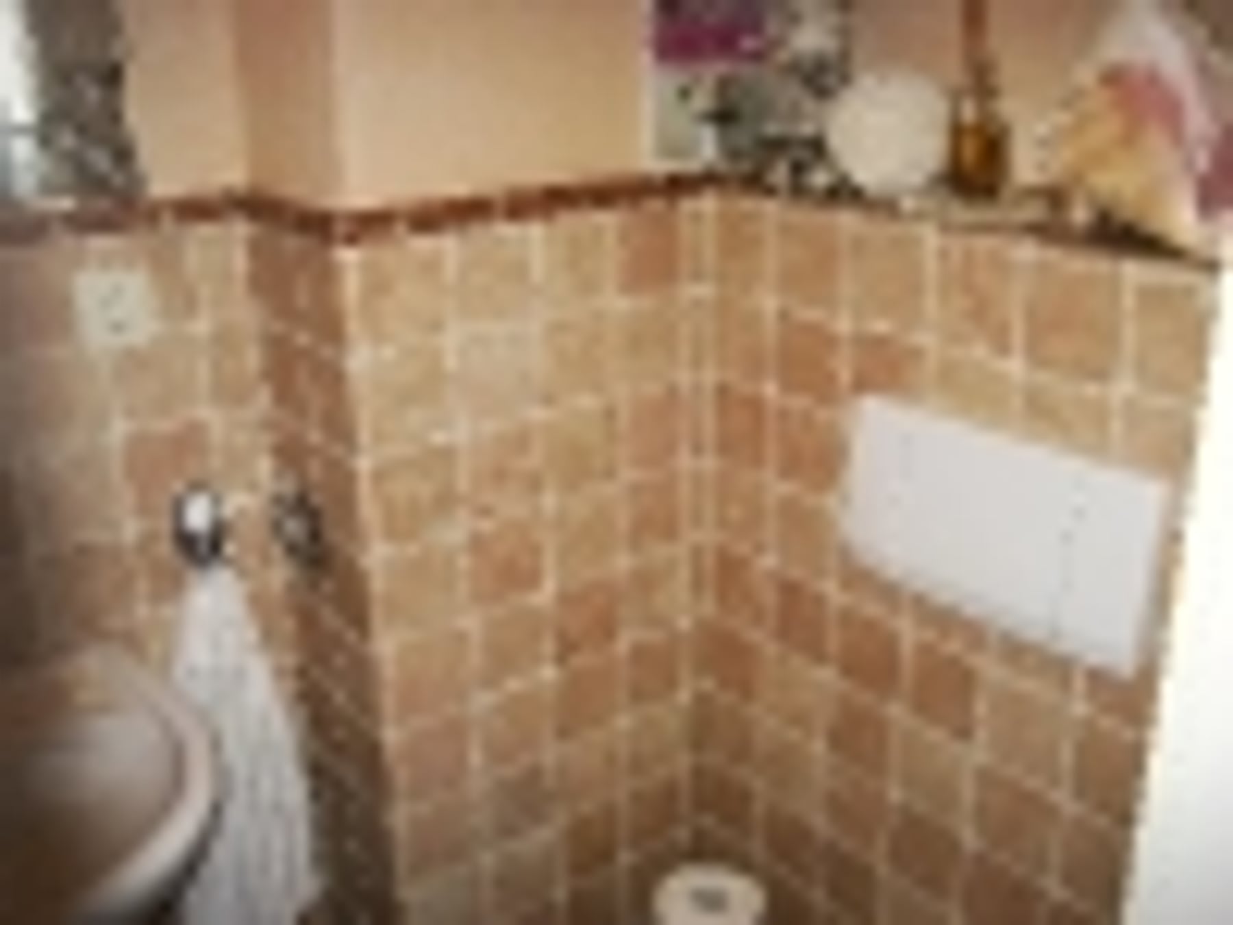 Gefliestes WC mit Spülkasten und Deko